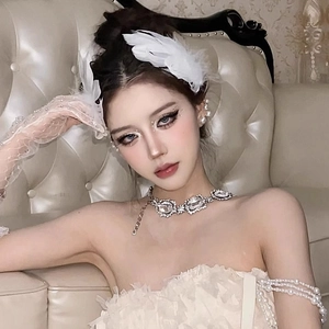 Elegant white feather hair clip with crystal necklace and pearl accessories for women