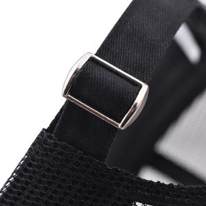 Close-up of adjustable silver metal buckle and breathable black mesh on outdoor cap
