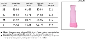 Size guide table for slim fit backless dress with faux fur trim in centimeters