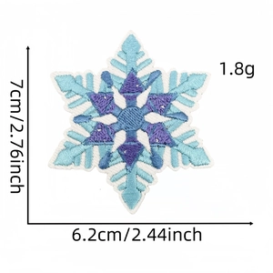 Blue and purple snowflake embroidered patch with detailed dimensions 7cm x 6.2cm and 1.8g weight