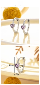 Detailed view of heart-shaped purple zircon hoop earrings with dimensions 1.2cm height