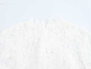 Détail de robe en dentelle blanche avec col en V au dos et fermeture éclair invisible