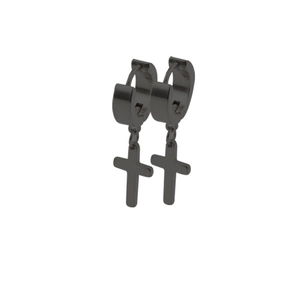 Detail of black stainless steel hoop earrings with hanging cross pendants on white background