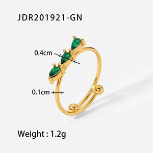 French style 18K gold plated stainless steel open ring with three green zircons