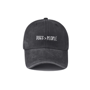 Detail of Dogs > People embroidery on washed black cotton canvas baseball cap