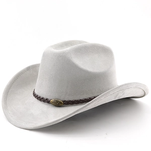 Close-up of gray suede cowboy hat with braided leather band and bronze bull head emblem