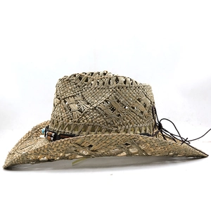 Chapeau de cowboy en paille tressé main avec perle turquoise et tissage aéré
