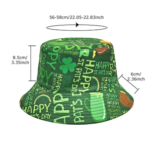 Green St. Patrick's Day bucket hat with clover print and 56-58cm size details