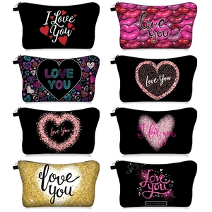 Valentine's Day Makeup Bag Heart Lips Print Polyester Zipper Cosmetic Pouch Travel Toiletry Organizer For Women