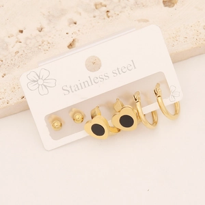 Stainless steel earring set with gold heart hoops, black stones and palm star studs