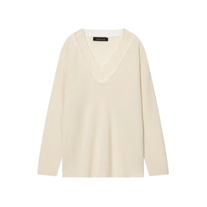 Elegant off-white wool blend knit sweater with delicate floral lace V-neckline