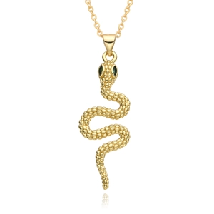 Gold snake pendant necklace with micro-pave green eyes and detailed scale texture