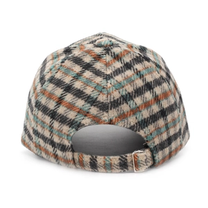 Detailed back view of houndstooth plaid baseball cap with adjustable metal buckle strap