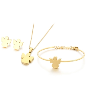 Polished gold angel jewelry set featuring necklace, earrings and cuff bracelet on white