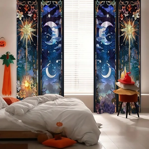 Detail showing stained glass style sun and moon patterns on decorative bedroom curtains
