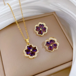 Four Leaf Clover Purple Heart Cubic Zirconia Necklace And Stud Earrings Stainless Steel Gold Plated Elegant Jewelry