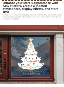 Gros plan d'un sticker sapin de Noël blanc avec boules sur une porte vitrée