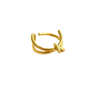Minimalist gold knotted double-loop adjustable open ring on a clean white background