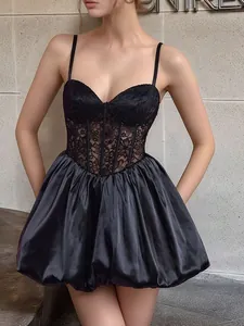 Robe Mini Corset À Bretelles Spaghetti En Dentelle Et Satin Pour Femmes Jupe Bulle Élégante Soirée De Fête