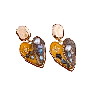 French vintage heart pendant earrings with gold metal and yellow enamel stones