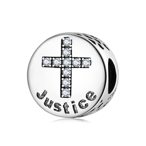 S925 sterling silver bead charm with Justice engraving and zircon cross pendant