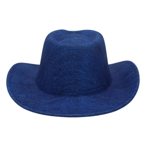 Detail view of deep blue western cowboy hat with textured fabric and visible stitching