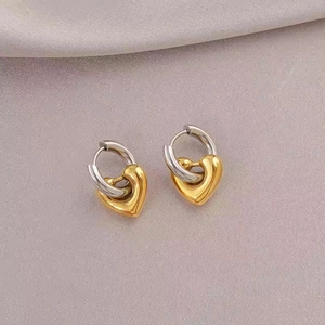 French vintage two-tone heart dangle hoop earrings with 18K gold plated polished finish