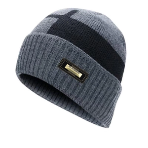 Men's balaclava knit hat in black and grey bicolor design with classic fashion leather label