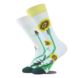 Gros plan sur des chaussettes blanches avec motifs de pissenlits jaunes et tiges vertes