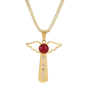 Golden angel wing necklace with red bead and white crystals on a gold box chain