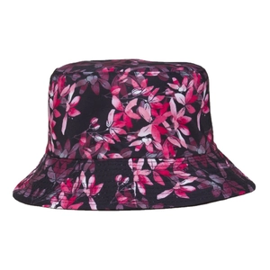 Double-sided floral bucket hat with pink botanical patterns on a dark purple background