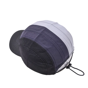 Detail of multi-color five-panel baseball cap showing the adjustable elastic drawstring back