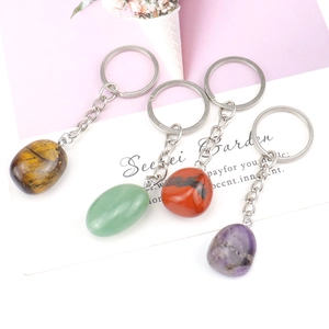 Natural crystal stone keychains including tiger eye and amethyst with silver ring