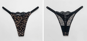 Detailed view of leopard lace thong with rhinestone straps and high-cut silk fabric
