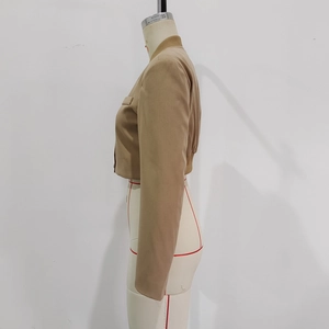 Detailed side view of khaki cropped bomber jacket with ribbed collar on a mannequin
