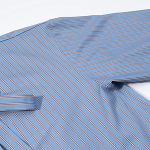Close-up of blue and brown striped shirt showing shoulder stitching and fabric texture