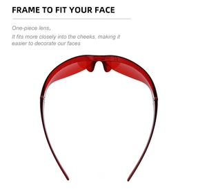 Top view of red sports sunglasses showing the curved wrap-around frame and oversized lens