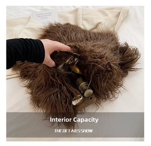 Detail view of the spacious internal capacity of this stylish brown plush shoulder bag
