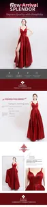 Détail de robe de soirée en satin rouge avec bretelles en V et fente haute élégante