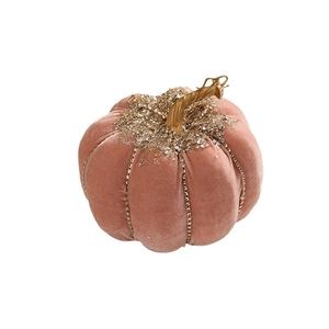 Pink velvet pumpkin decor with gold glitter and bead chain for holiday table settings