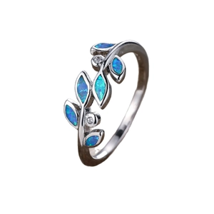 Elegant silver olive branch ring with blue fire opal leaves and sparkling crystal accents