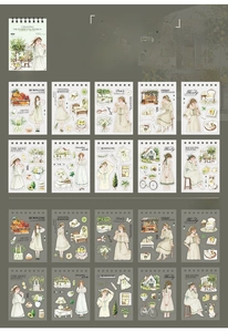 Detailed sheet of vintage orchard themed washi and PET stickers with floral and girl motifs
