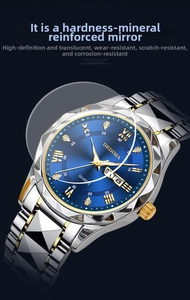 Detail of quartz watch with blue sunray dial, faceted bezel and two-tone steel band