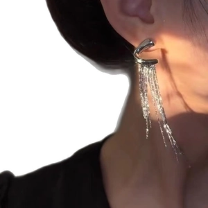 Silver geometric tassel drop earrings featuring delicate metal chains for a modern look