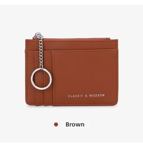 Brown Saffiano leather coin purse with card slots and silver chain keychain detail