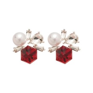 Elegant square floral stud earrings with red crystal and pearl on a white background