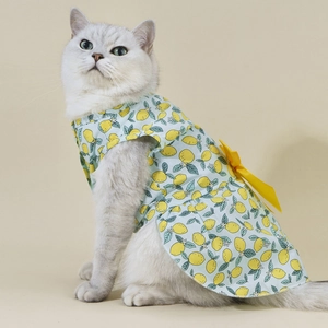 Pet Dress Lemon Print Cotton Breathable Clothing With Large Bowknot For Small Medium Dogs Cats Summer Puppy Shirt Apparel