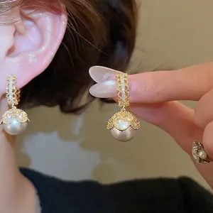 Vintage Artificial Pearl Dangle Earrings With Zircon Lace Copper And Silver Earring Post Elegant French Style Jewelry