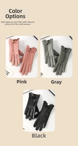 Dettaglio guanti in pelle da donna in rosa, grigio e nero con decorazione a fiocco