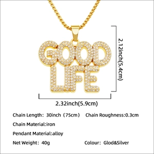 Iced out GOOD LIFE pendant necklace in gold finish with dimensional size specifications